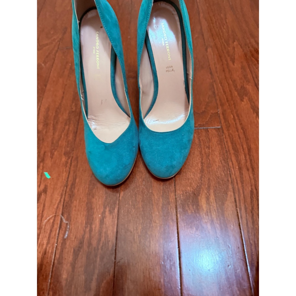 Sandro Ferrone Roma Teal Suede Block Heel Pumps Made in Italy Vera Pelle Size 40